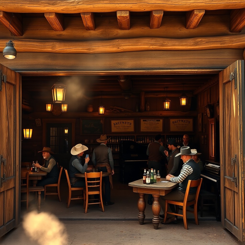 A classic Wild West saloon featuring swinging double doors