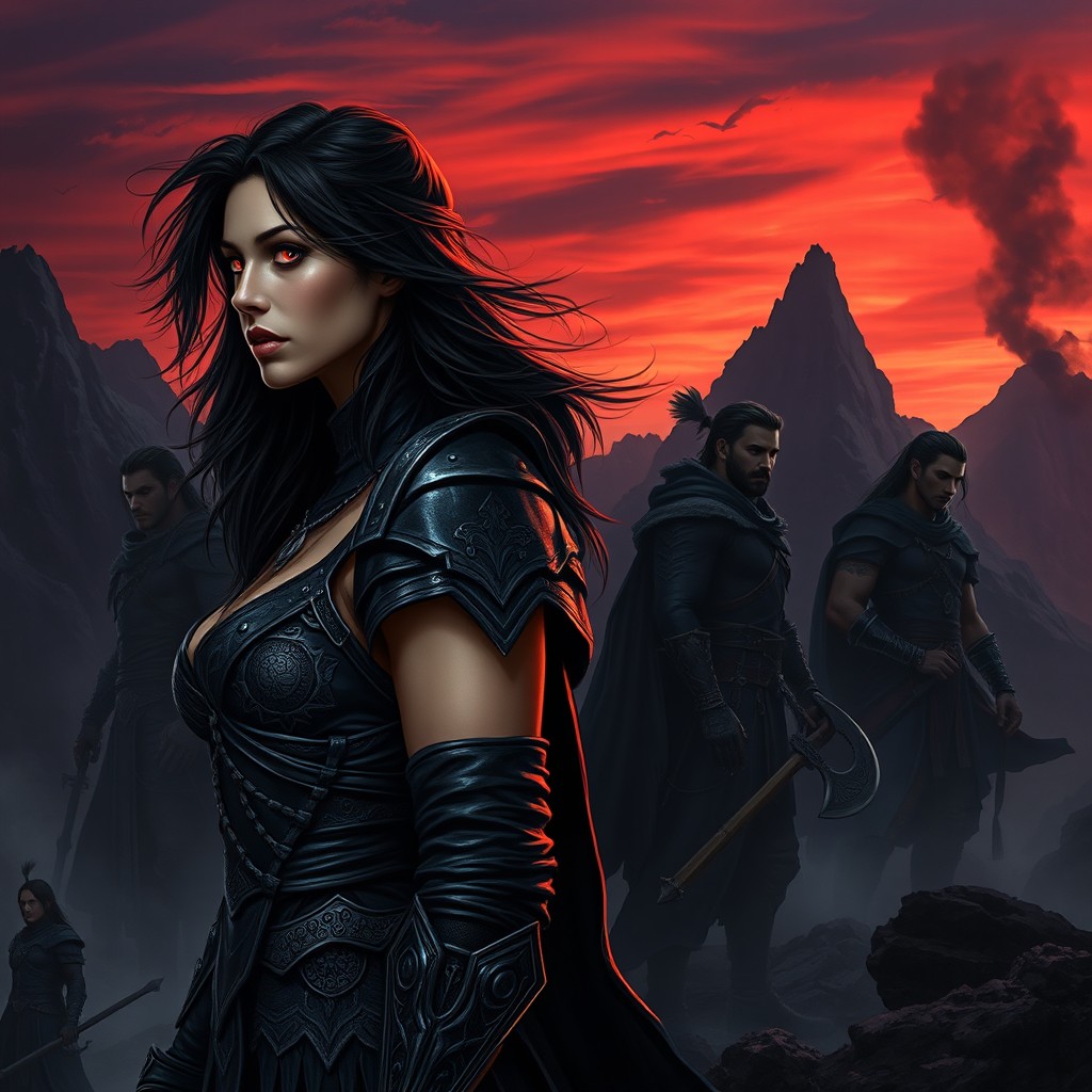 A dark fantasy book cover featuring a beautiful and fierce female protagonist positioned slightly off-center to the left, in a three-quarter profile facing right