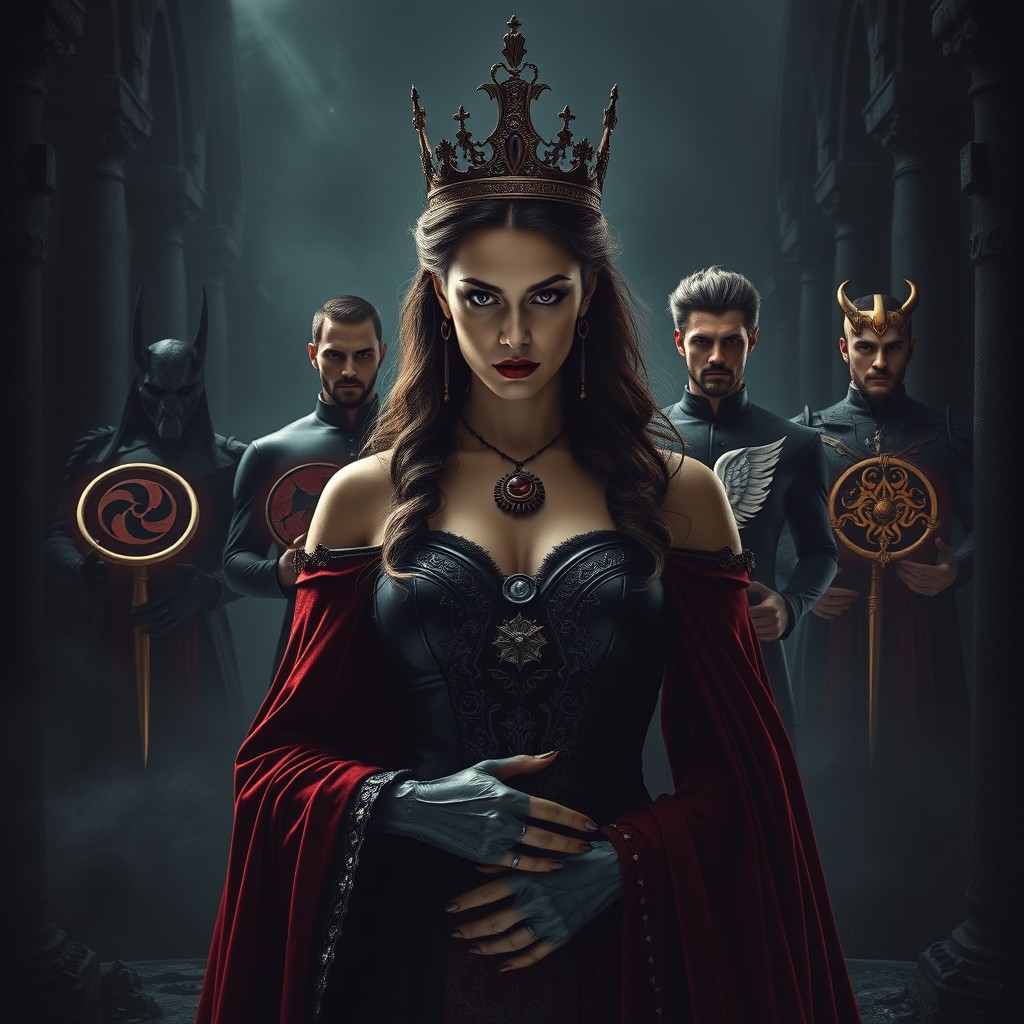 A high-contrast, photorealistic dark fantasy book cover featuring Queen Serena, depicted with a defiant expression and eyes glowing with Siren power