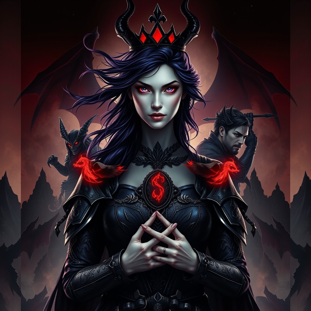 A dramatic dark fantasy book cover featuring Queen Serena, a stunning and defiant woman in her early twenties with a powerful and alluring expression