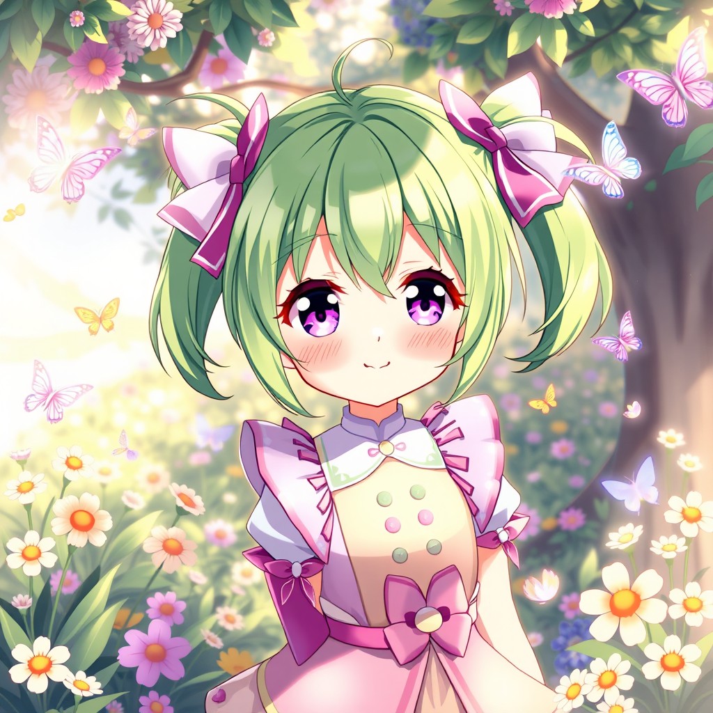A cute anime girl with vibrant green hair styled in playful pigtails, sparkling purple eyes that shine with joy, dressed in a colorful, stylish outfit adorned with pastel designs