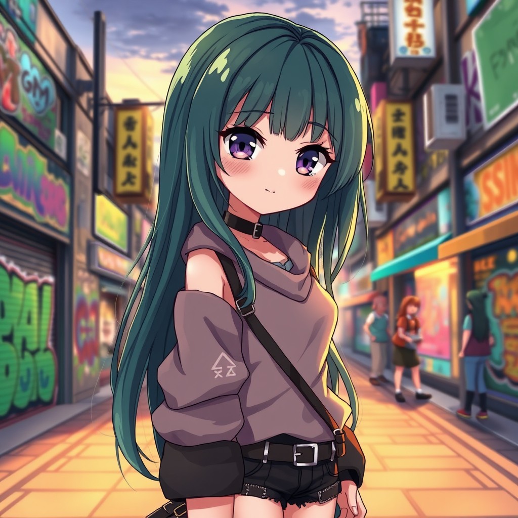 A cute anime teen girl with long, dark green hair cascading down her back in gentle waves, complemented by deep dark purple eyes that glimmer with mischief