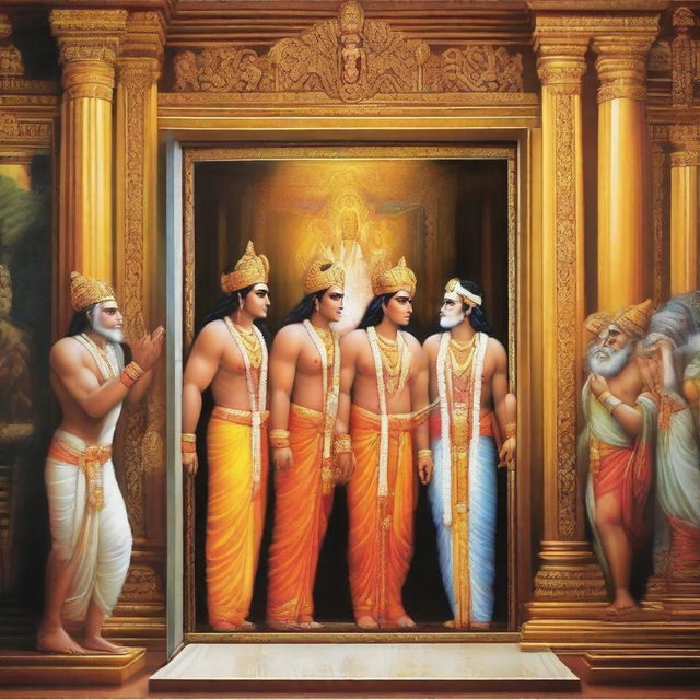 A stunning scene depicting Lord Rama, Goddess Seeta, Lord Laxman and Lord Hanuman collectively exiting a modern elevator, perfectly timed for the moment the elevator doors are sliding open.