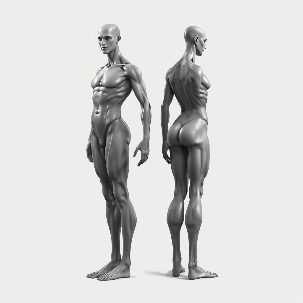 A detailed and realistic body base for character design, showcasing a neutral standing pose with anatomical accuracy, including muscle structure and proportions