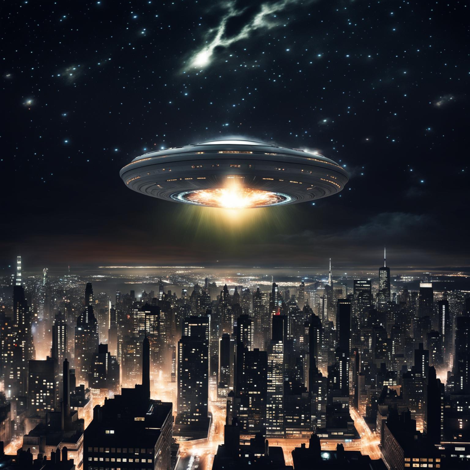 A highly realistic digital image of a UFO mothership subtly visible in the night sky above New York City, its presence suggested only by a faint circle of flame around its outer edge