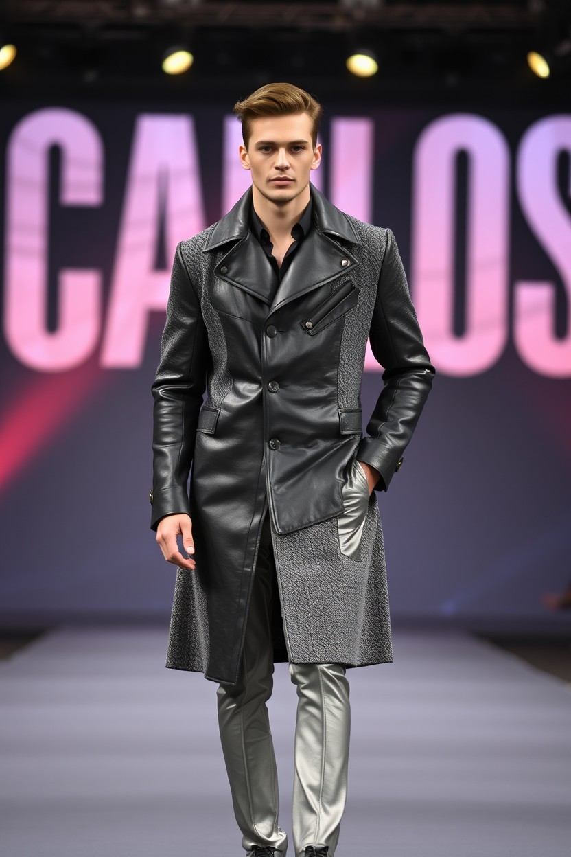 A handsome male model with a slim build strutting down a high-fashion runway, showcasing a unique coat made of a combination of leather and tweed