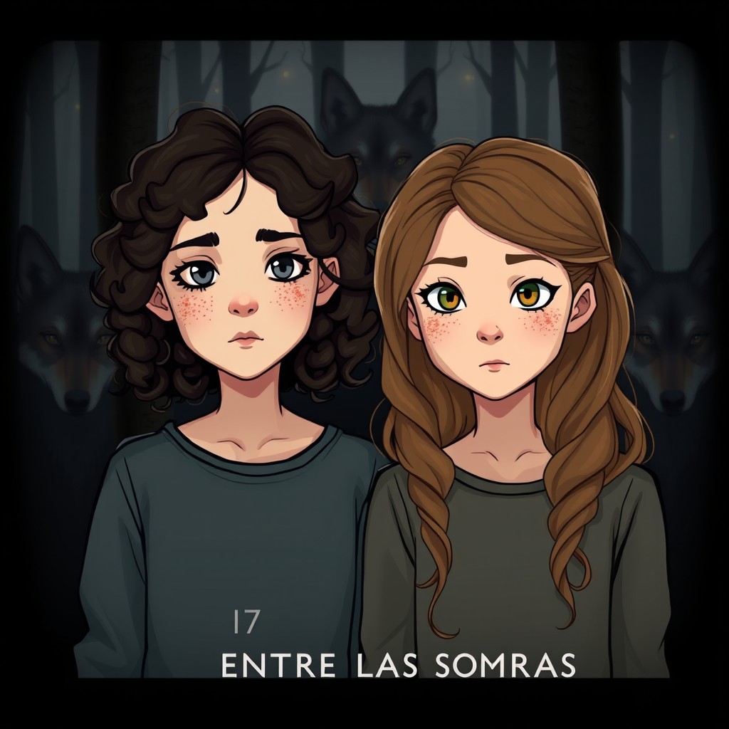 Two girls standing side by side in a dark forest setting