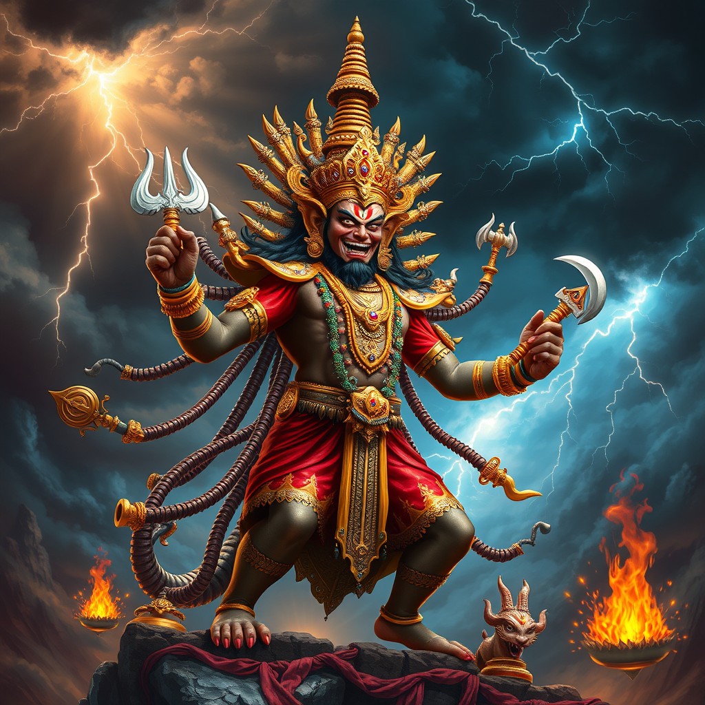 A majestic depiction of Narakasura, the demon king from Hindu mythology, in a powerful pose