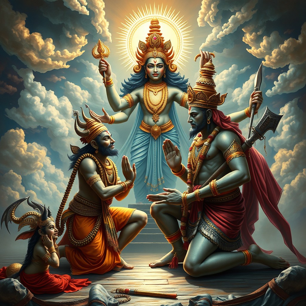 An epic scene depicting Narakasura, the demon king, humbly taking blessings from Lord Brahma, the creator in Hindu mythology