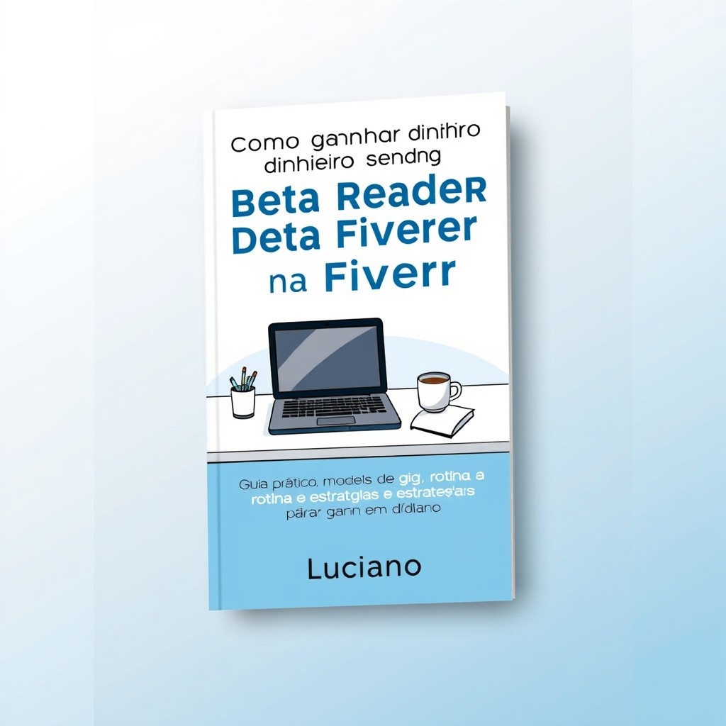A clean and relevant book cover design featuring an eye-catching illustration of a desk with a laptop, notepad, and coffee cup, symbolizing the freelance lifestyle of a Beta Reader on Fiverr