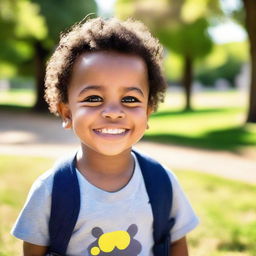 A charming, innocent child named Khalil, with sparkles in his eyes, wearing casual clothes and a contagious smile, playing in a sunny park.