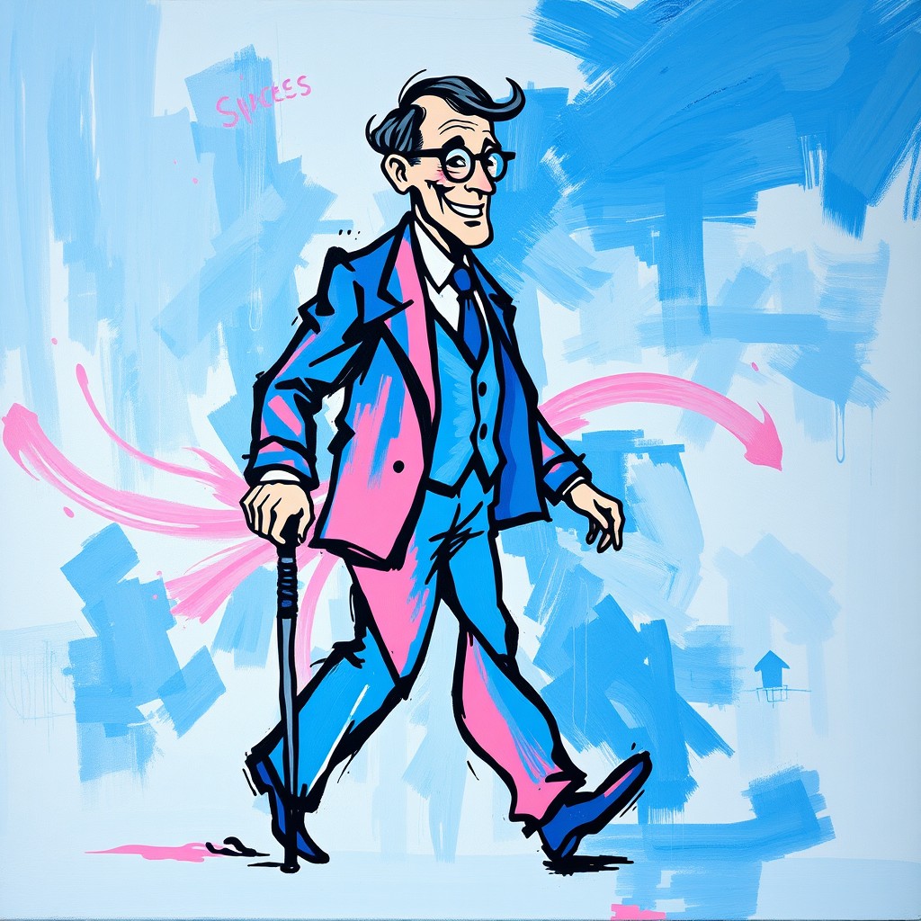 An abstract painting of a complex, very intelligent, cheerful man with vibrant blue and pink colors