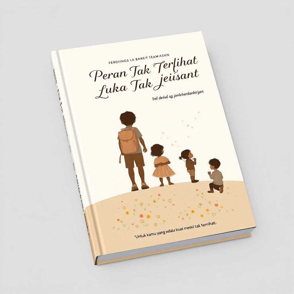 Book cover design titled 'Peran Tak Terlihat, Luka Tak Tersampaikan' featuring a soft pastel color palette dominated by light gray or cream, accented with warm hues like light brown or soft gold for a gentle and reflective appearance