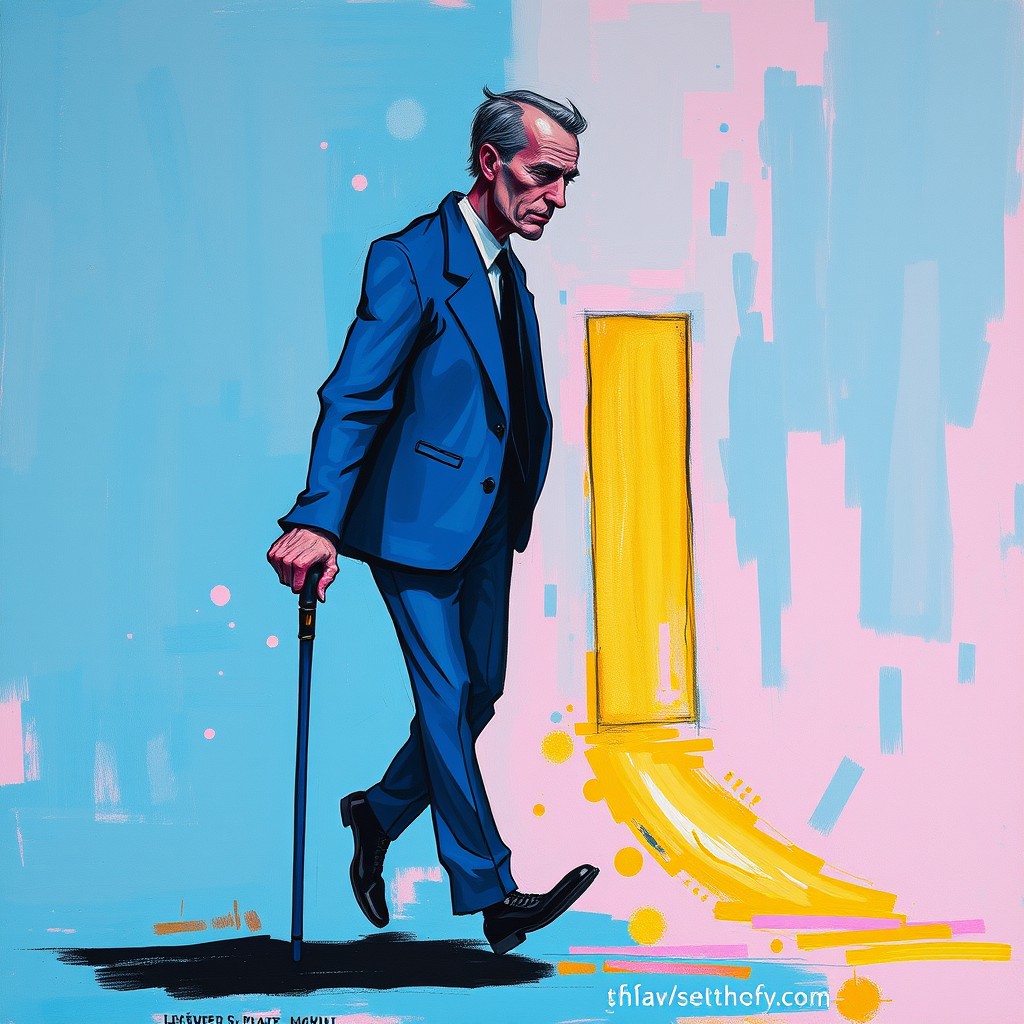An abstract painting depicting a complex and very intelligent playful man, featuring vibrant blue and pink colors with dark outlines