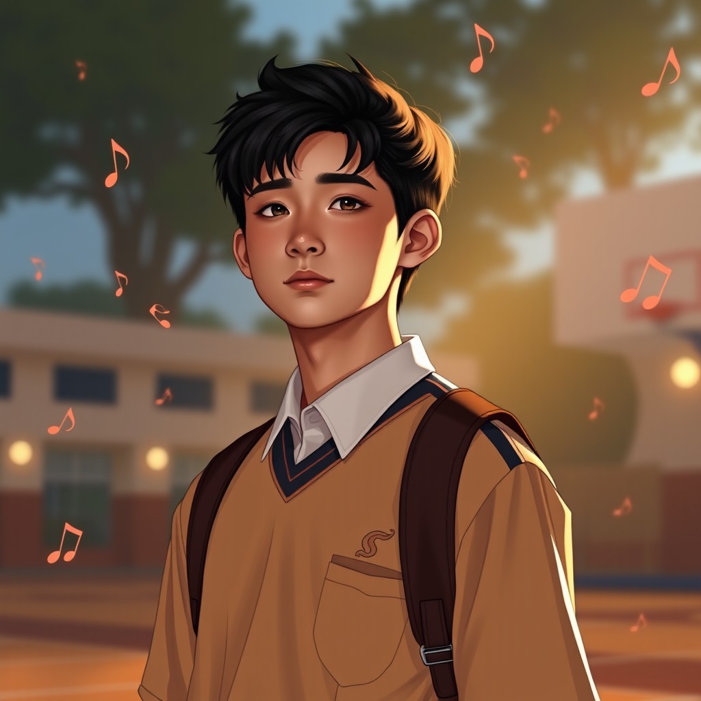 A tall, cool 16-18 year old boy named Alvin Adinata, with comma hair, sharp black eyes, a strong jawline, and a prominent nose