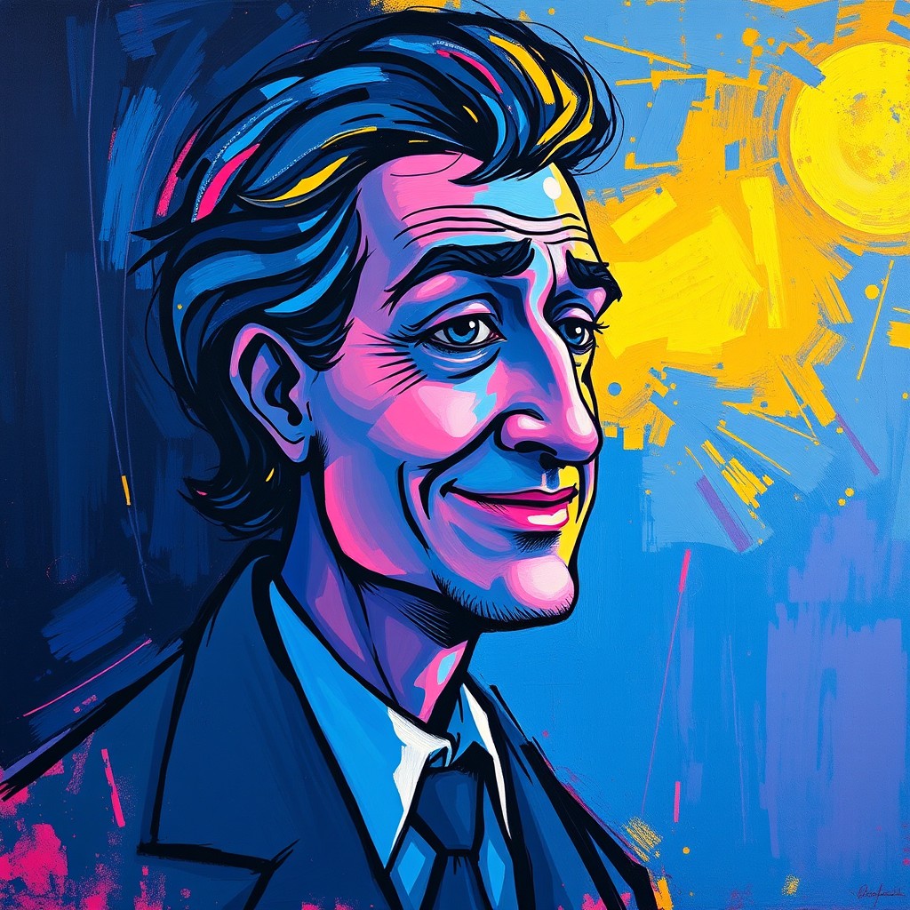 An abstract painting of a complex, very intelligent and cheerful man with vivid blue and pink colors