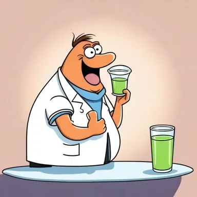 In the cartoon, the character drank a beaker of gastric juice as a humorous depiction of digestion.
