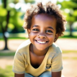 A charming, innocent child named Khalil, with sparkles in his eyes, wearing casual clothes and a contagious smile, playing in a sunny park.