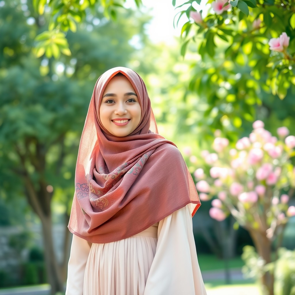 A beautiful woman wearing a colorful hijab, standing in a serene outdoor setting with lush green trees and blooming flowers in the background