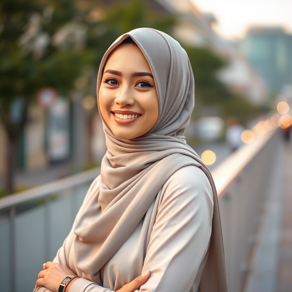 A beautiful woman wearing a stylish hijab, exuding confidence and elegance