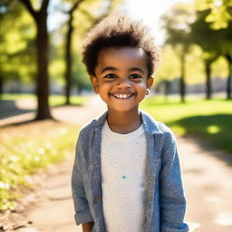 A charming, innocent child named Khalil, with sparkles in his eyes, wearing casual clothes and a contagious smile, playing in a sunny park.