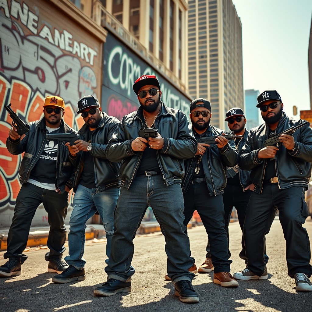 A group of tough-looking Los Angeles gangsters posing confidently on a city street, each holding different types of guns