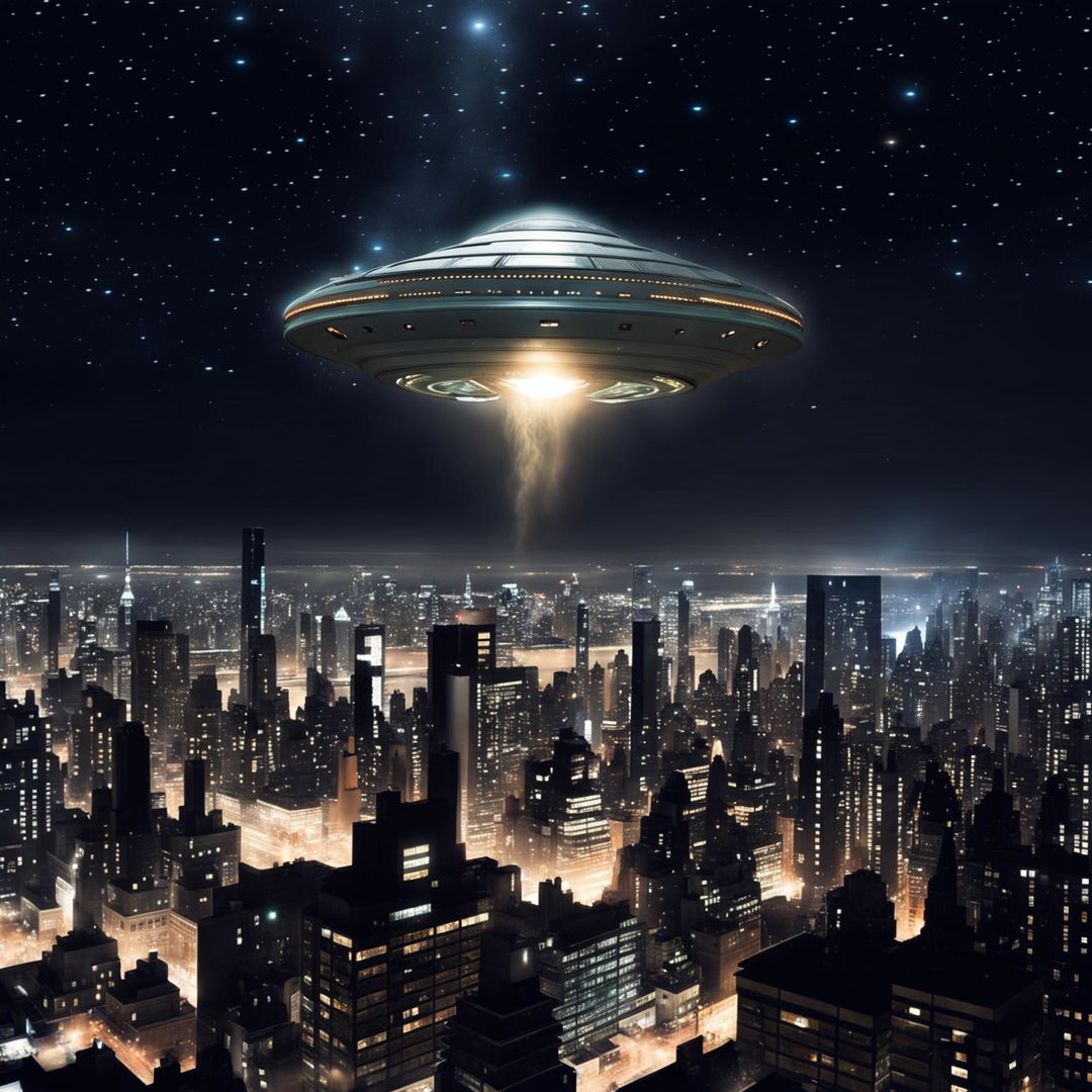 A revised, realistic digital image of a UFO mothership subtly visible in the night sky above New York City, with all lights removed and a ring of fire on its outer edge