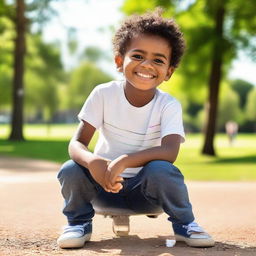 A charming, innocent child named Khalil, with sparkles in his eyes, wearing casual clothes and a contagious smile, playing in a sunny park.