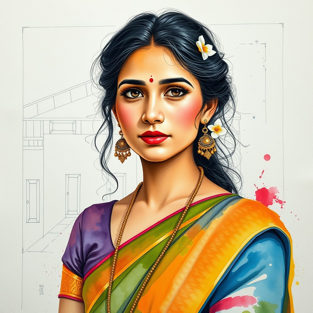 A watercolor portrait of a traditional Indian woman, wearing a saree adorned with vibrant colors