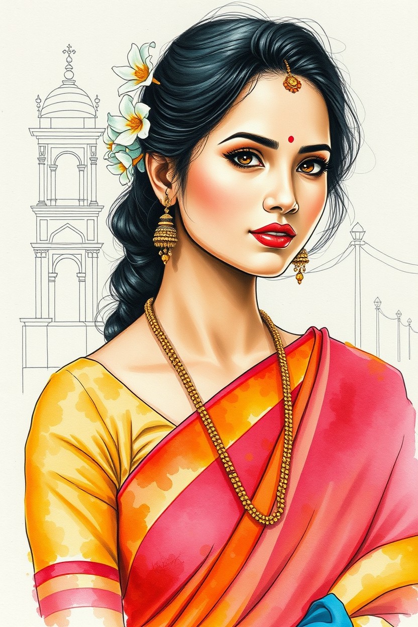 A watercolor portrait of a traditional Indian woman, elegantly dressed in a vibrant saree featuring bright colors, adorned with jasmine flowers in her hair