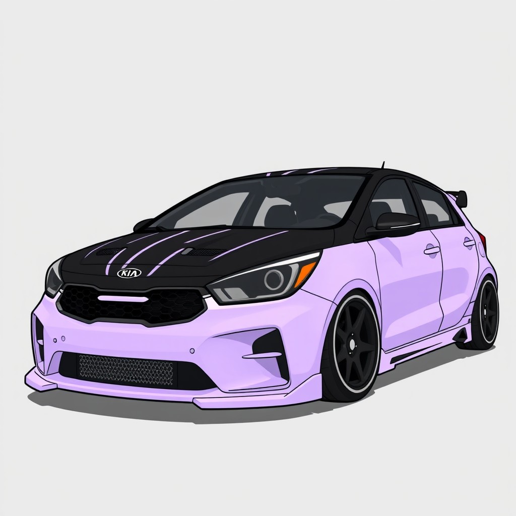 A Kia Rio X-Line designed in a sporty style featuring large radius wheels, extended sports brakes, custom hood, and various decorative modifications