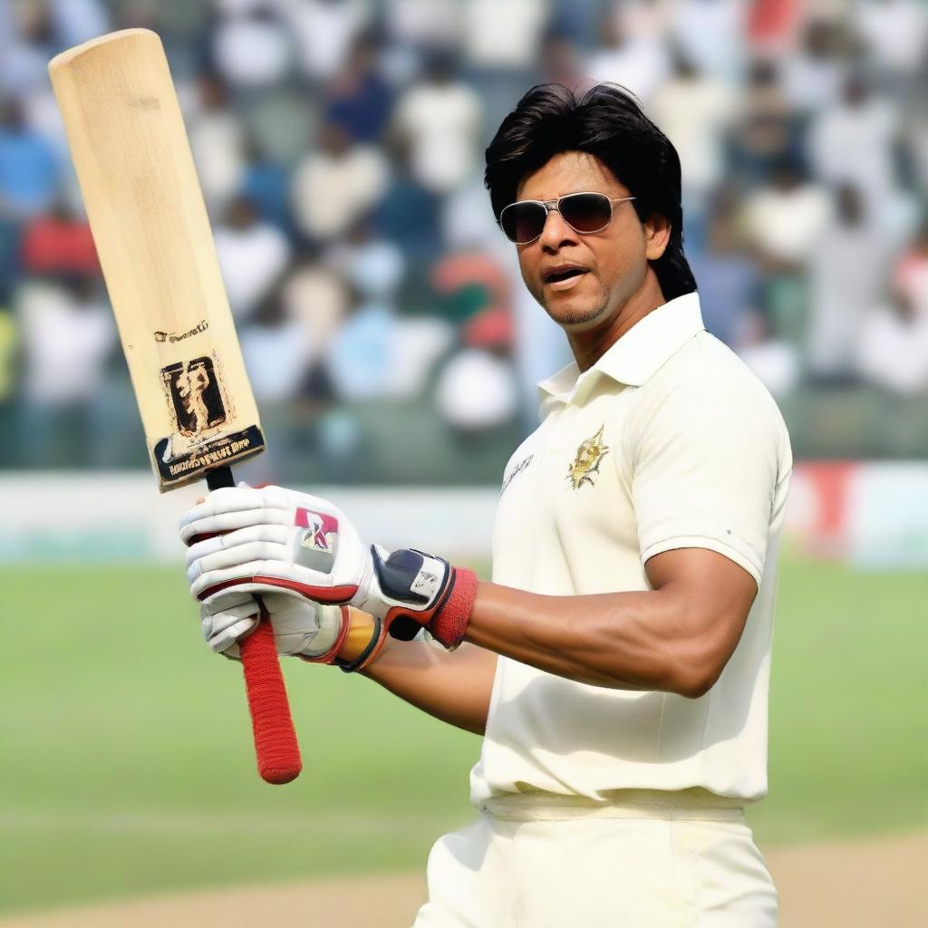 Bollywood actor Shahrukh Khan in a cricket uniform, holding a cricket bat and ready to swing, in a bustling cricket stadium.