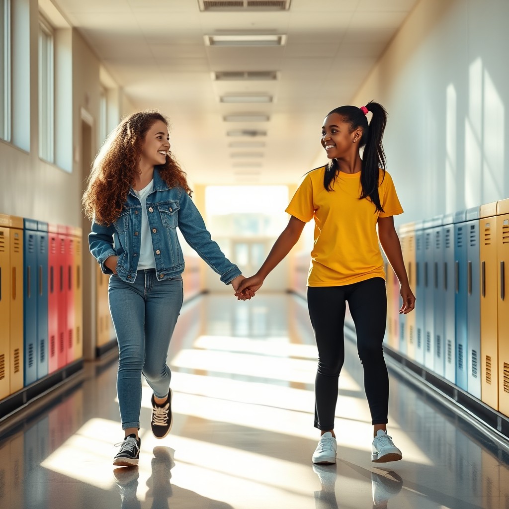 Two teenage girls walking hand in hand down a long, empty school hallway