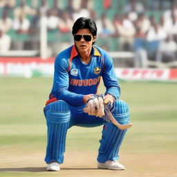 Bollywood actor Shahrukh Khan in a cricket uniform, holding a cricket bat and ready to swing, in a bustling cricket stadium.