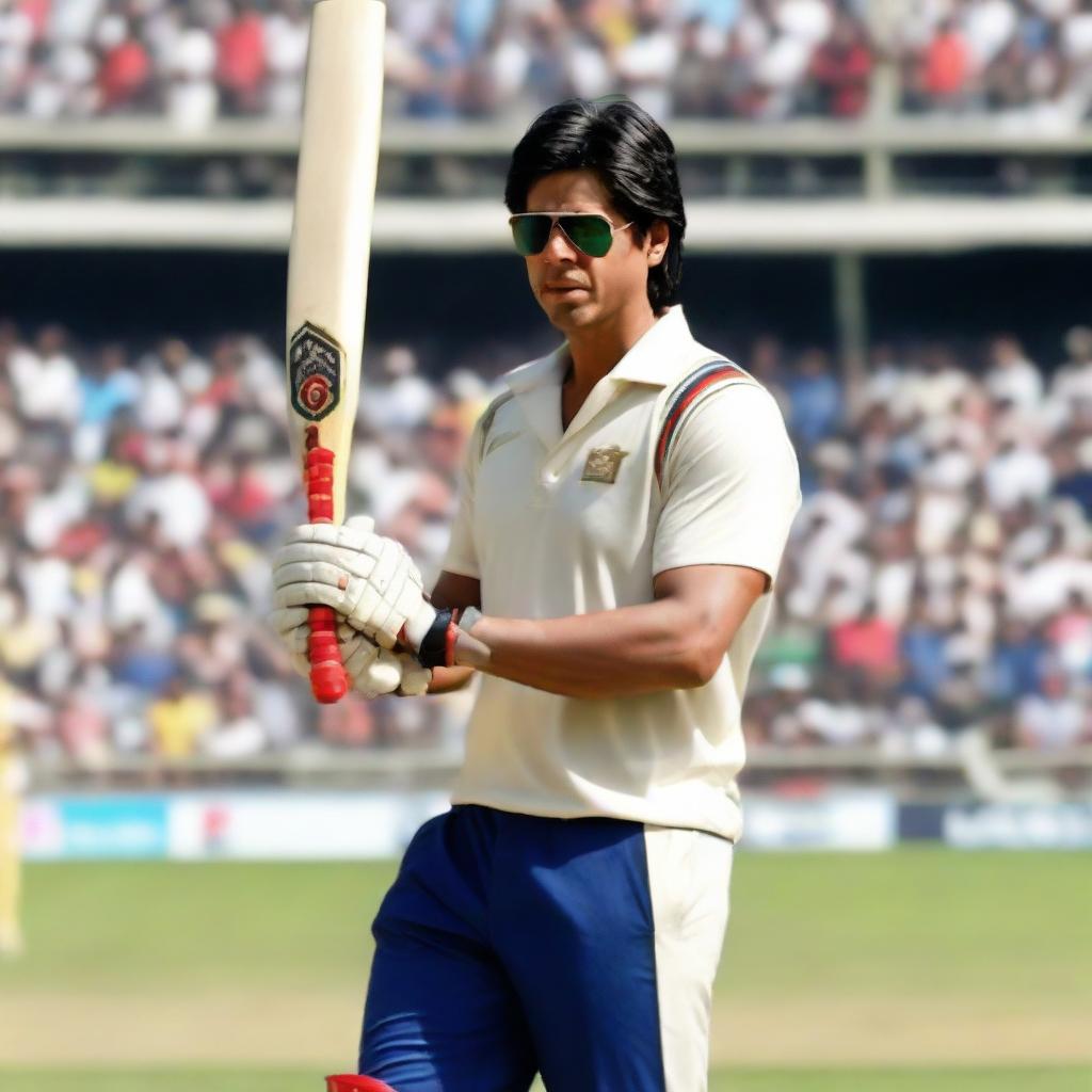 Bollywood actor Shahrukh Khan in a cricket uniform, holding a cricket bat and ready to swing, in a bustling cricket stadium.