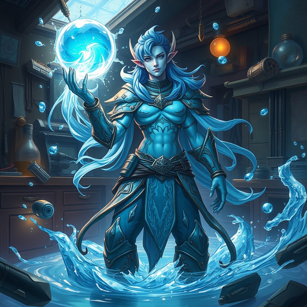 A water Genasi armorer artificer character, showcasing an inventive blend of elemental water magic and advanced armor crafting skills