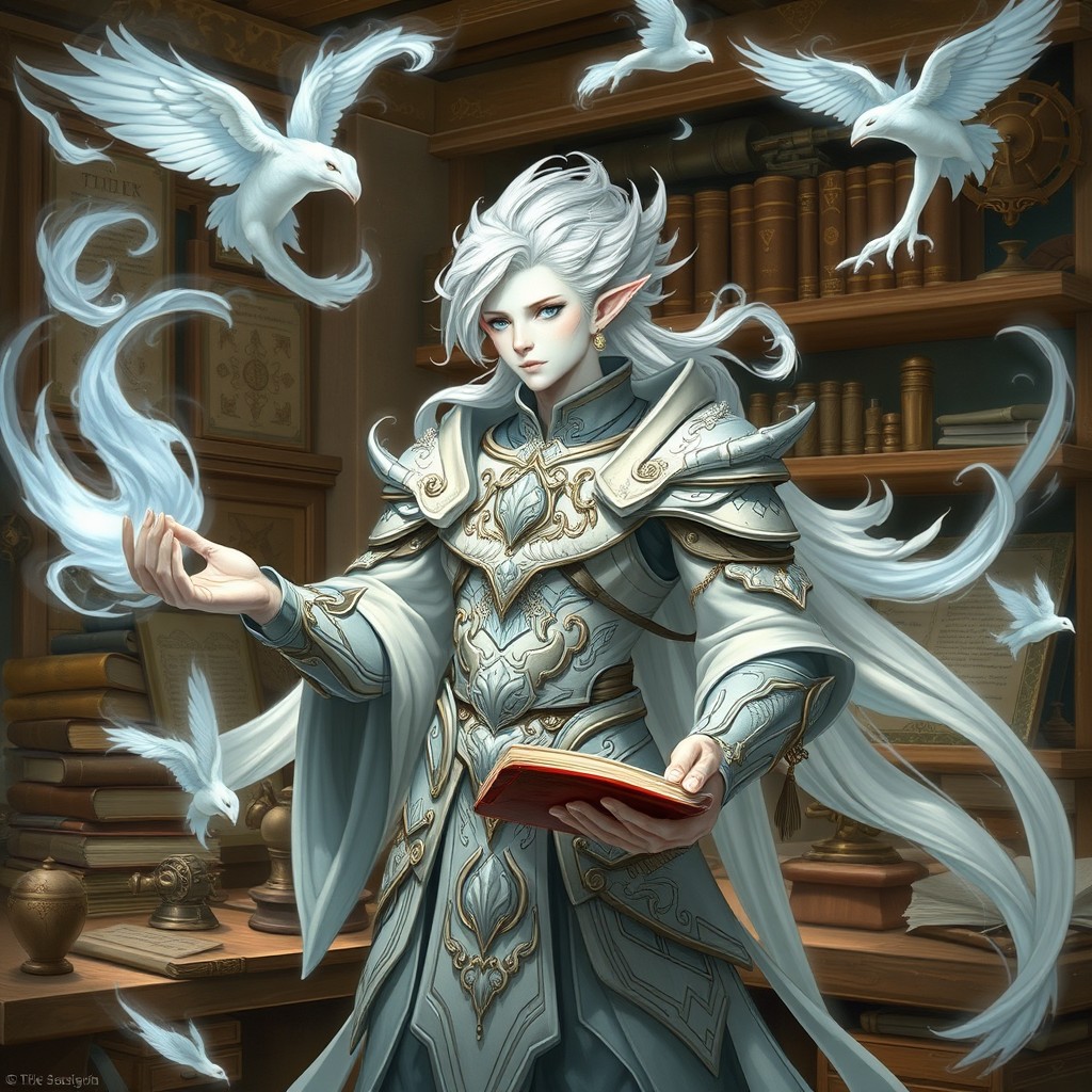 An Air Genasi armorer artificer sage, exuding an aura of wisdom and mastery over air elemental magic