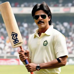 Bollywood actor Shahrukh Khan in a cricket uniform, holding a cricket bat and ready to swing, in a bustling cricket stadium.