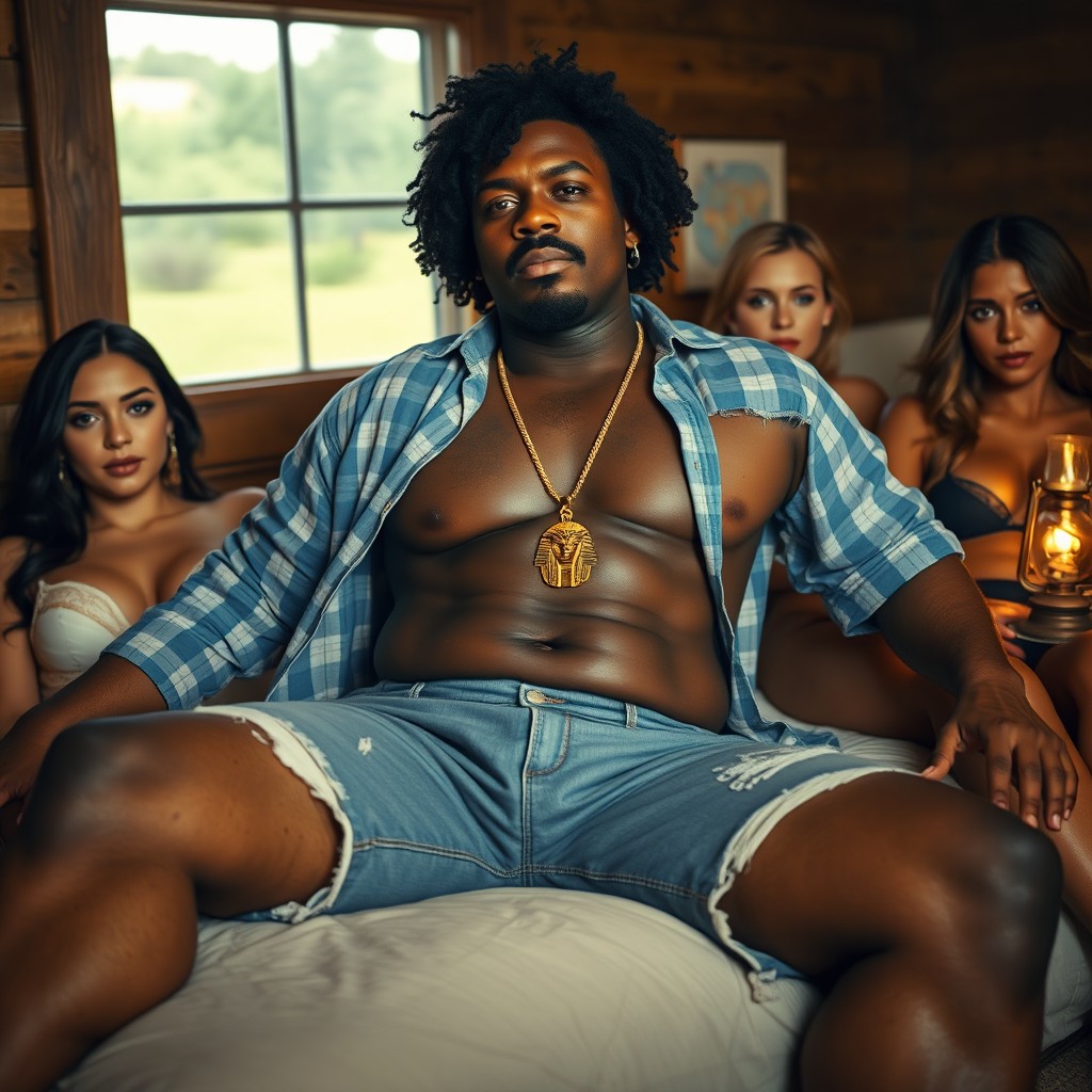 A black man with curly hair and a mustache, wearing an unbuttoned sky blue and white checkered shirt and old cut-off denim shorts, lounging on a bed