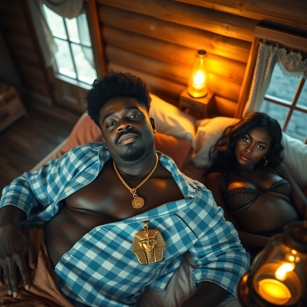 A black man with fluffy hair and a mustache, wearing a celestial blue and white checkered shirt unbuttoned, a gold chain with a pendant of the head of Pharaoh Tutankhamun, lounging on a large bed