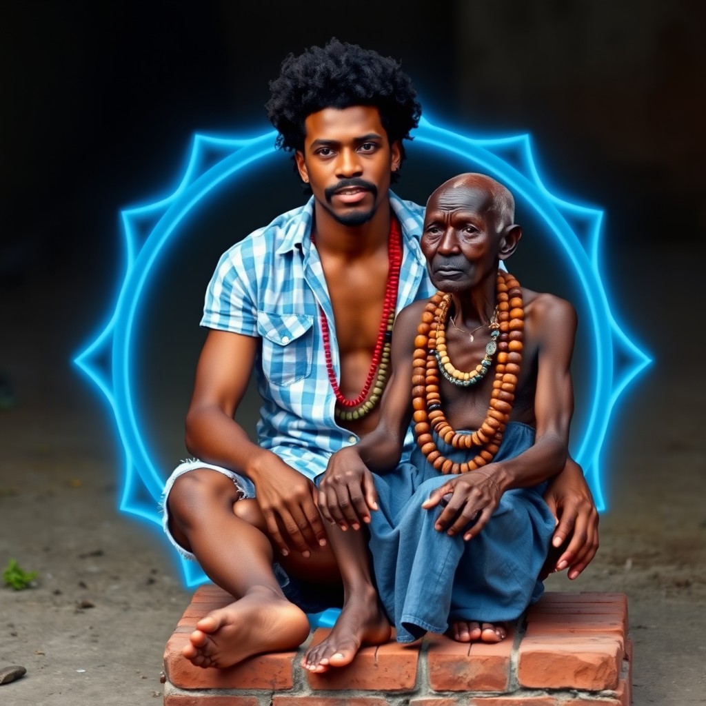 A black man with fluffy hair and a mustache wearing a sky blue and white checkered shirt, unbuttoned, and old cut-off denim shorts