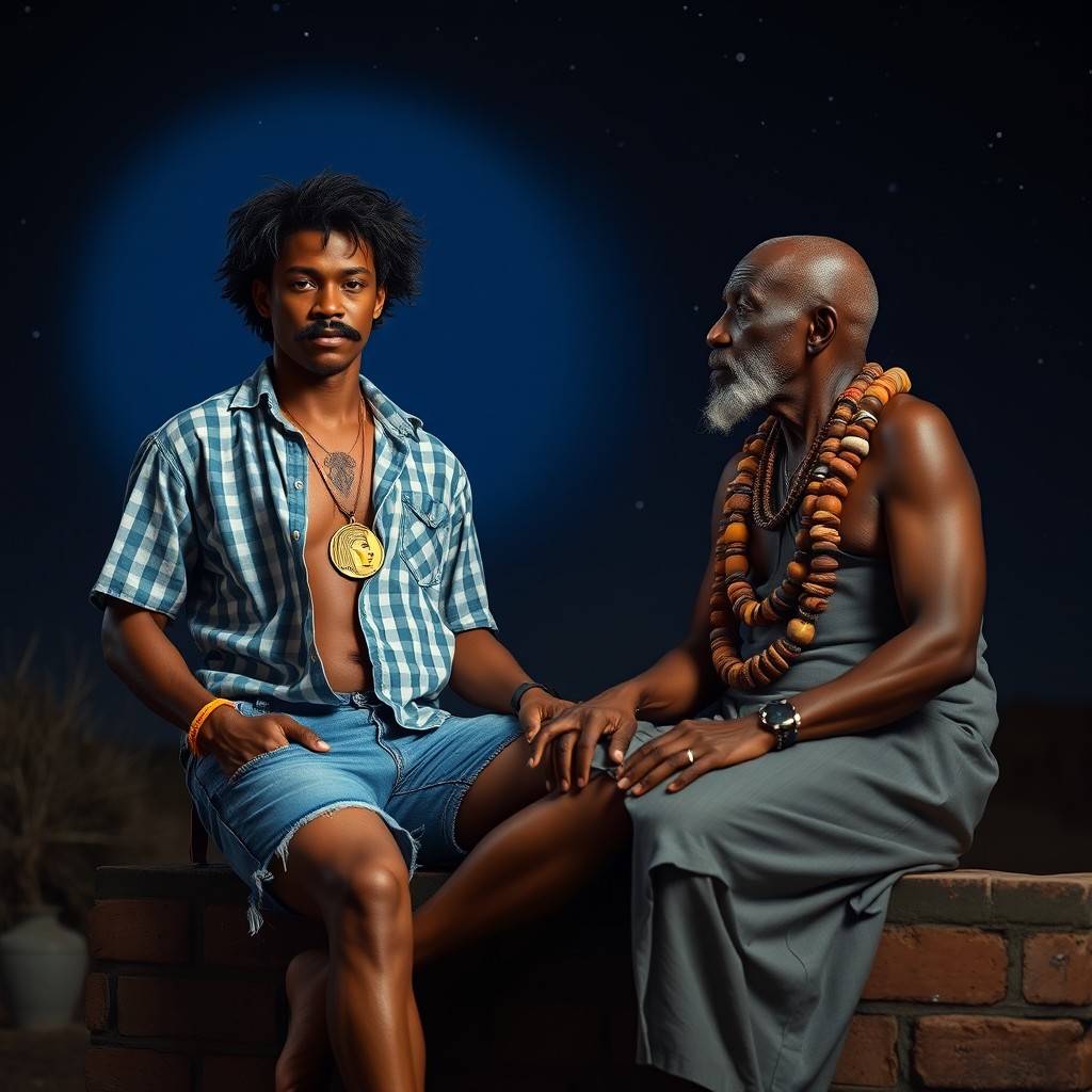 A striking scene featuring a Black man with tousled hair and a mustache, wearing an unbuttoned light blue and white checkered shirt and old denim cut-off shorts