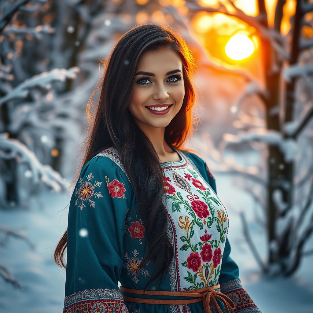 A stunning Russian woman with long dark hair and bright blue eyes, wearing a traditional Russian sarafan dress adorned with intricate floral embroidery