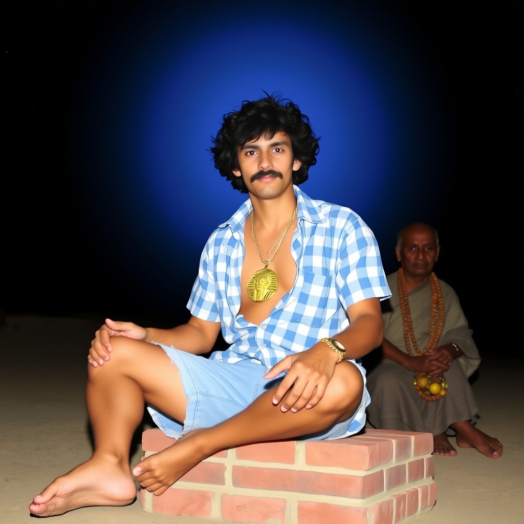 A scene featuring a man with fluffy hair and a mustache, wearing a light blue and white checkered shirt that is unbuttoned, paired with an old cut-off denim bermuda shorts