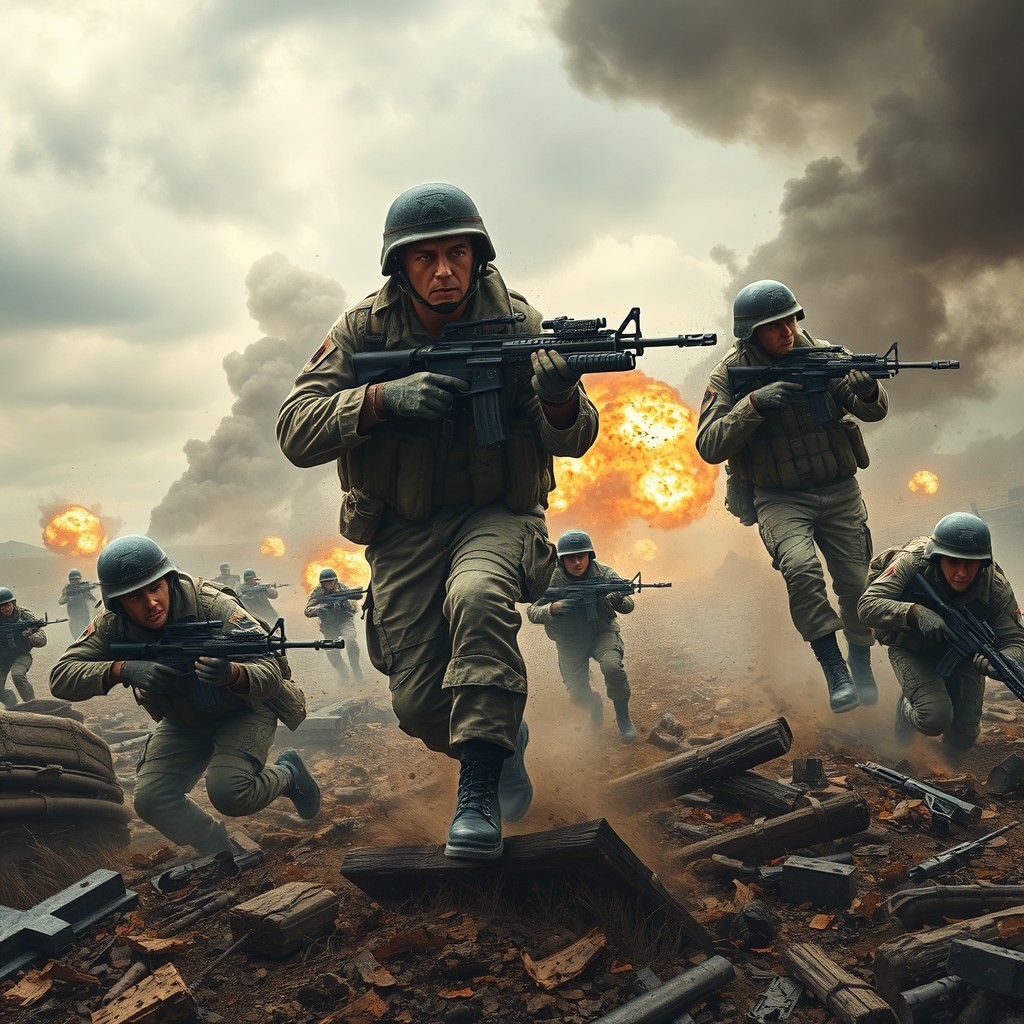 A dramatic and intense war scene depicting soldiers in full combat gear engaged in a fierce battle