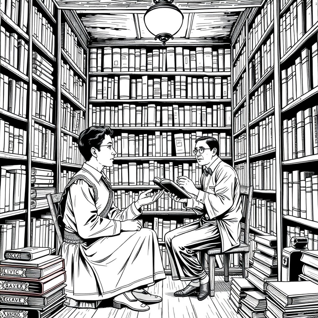 A black-and-white comic art illustration depicting Ibarra engaging in a respectful conversation with Pilosopo Tasyo inside a quaint, small library