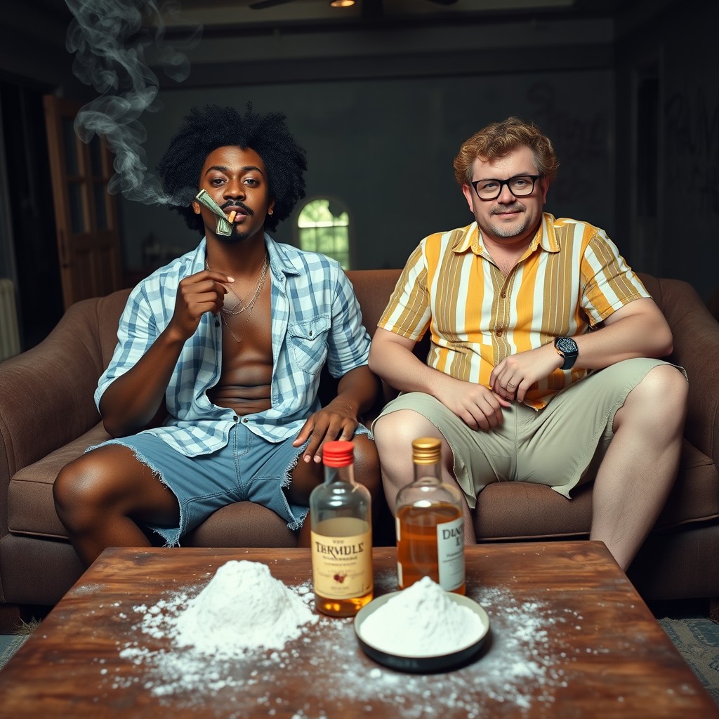 A scene featuring a Black man with curly hair and a mustache, wearing an open light blue and white checkered shirt, an old cut-off denim bermuda, smoking a joint of ganja, holding a handful of dollar bills