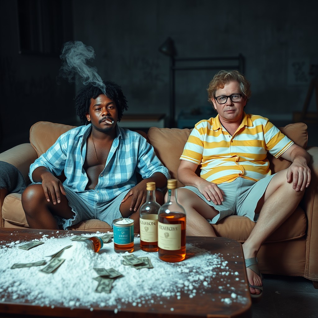 A scene featuring a black man with curly hair and a mustache, wearing a light blue and white checkered shirt, unbuttoned, and old cut-off denim shorts