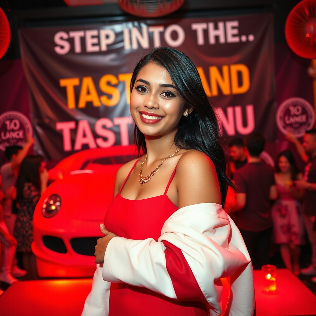 A joyful young South Asian woman in her early twenties is centered in the frame, wearing a vibrant red spaghetti strap minidress and an elegant gold necklace
