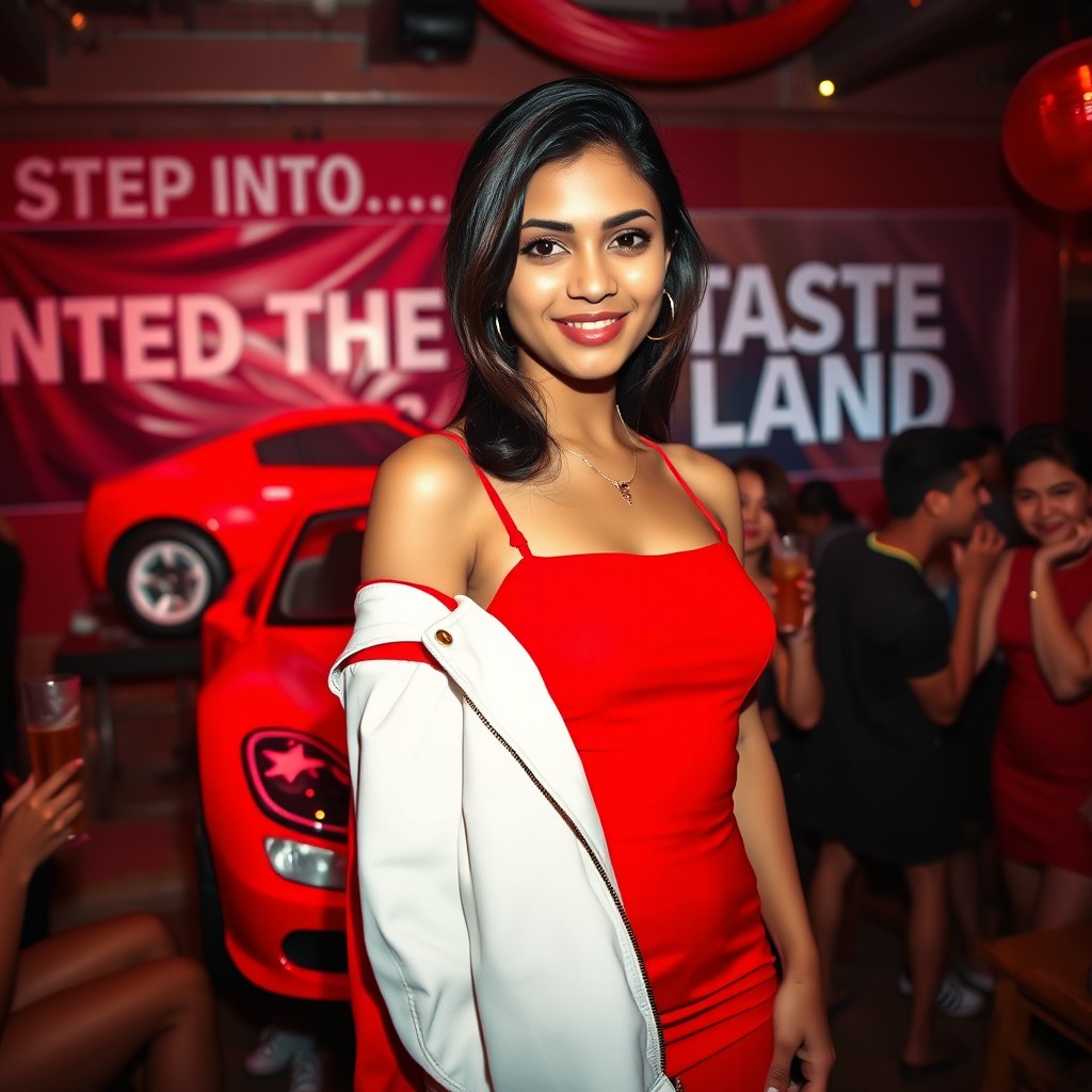 A young South Asian woman in her early twenties, centered in the frame, wearing a vibrant red spaghetti strap minidress and a gold necklace